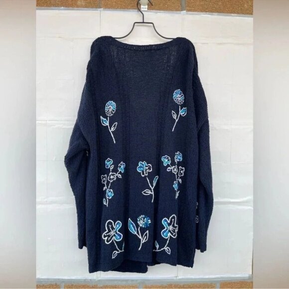 Laura Ashley Navy Blue Cardigan Sweater White Blue Embroidered Flowers Pockets L - Picture 8 of 8